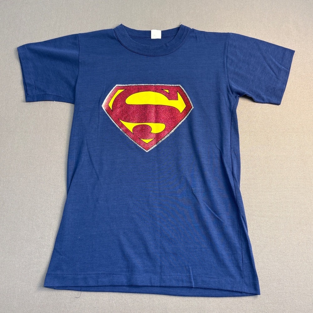 Vintage 80s Superman T Shirt Blue Glitter Shield Logo Single Stitch Mens Medium